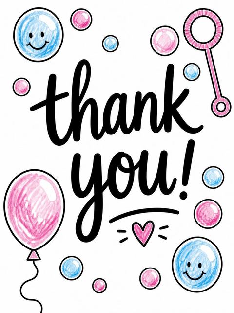 Thank-you flat in the Crayon Sketch Bubble 8th Birthday design