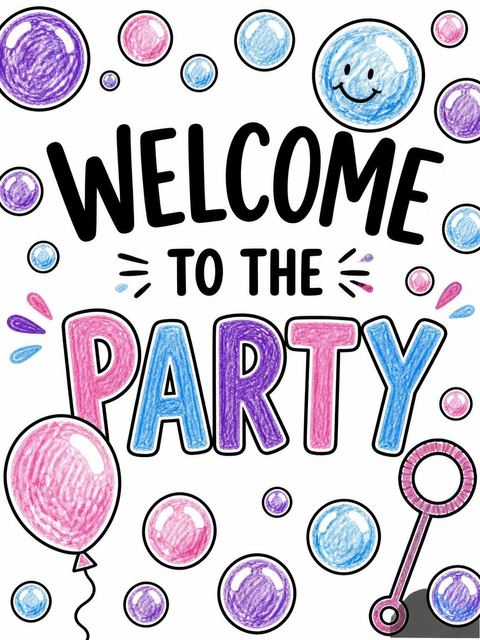 Welcome sign in the Crayon Sketch Bubble 8th Birthday design