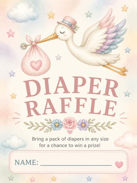 Diaper raffle ticket in the Pastel Patchwork Stork Baby Shower design