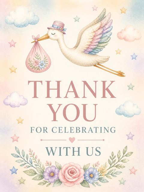 Thank-you flat in the Pastel Patchwork Stork Baby Shower design