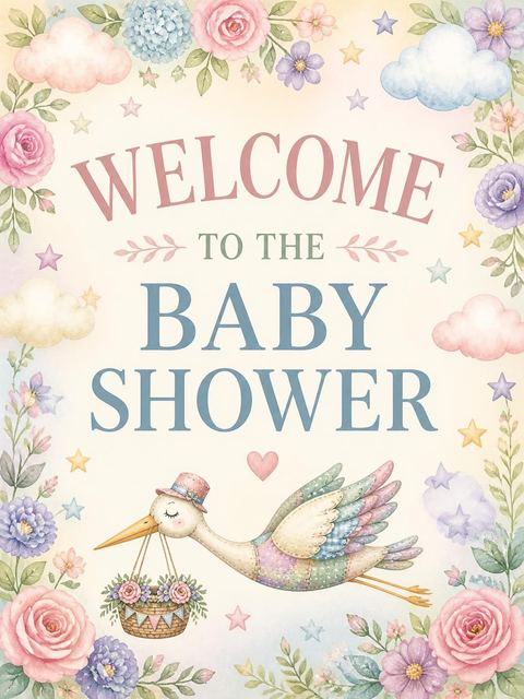 Welcome sign in the Pastel Patchwork Stork Baby Shower design