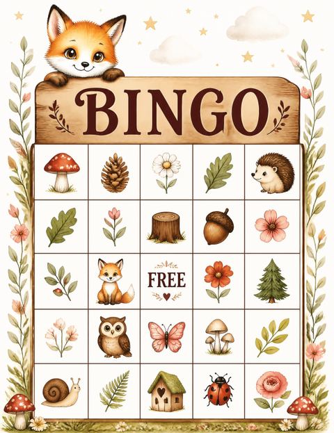 Bingo grid in the Watercolor Woodland Fox 3rd Birthday design