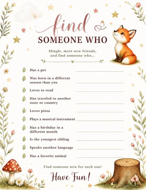 Scavenger hunt in the Watercolor Woodland Fox 3rd Birthday design