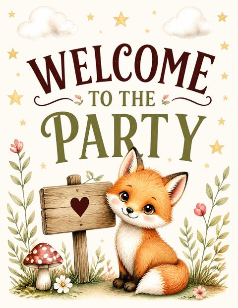 Welcome sign in the Watercolor Woodland Fox 3rd Birthday design