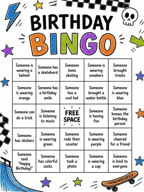 Bingo grid in the Crayon Skate Park 8th Birthday Invitation design