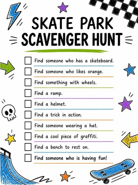 Scavenger hunt in the Crayon Skate Park 8th Birthday Invitation design