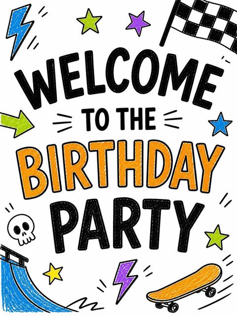 Welcome sign in the Crayon Skate Park 8th Birthday Invitation design