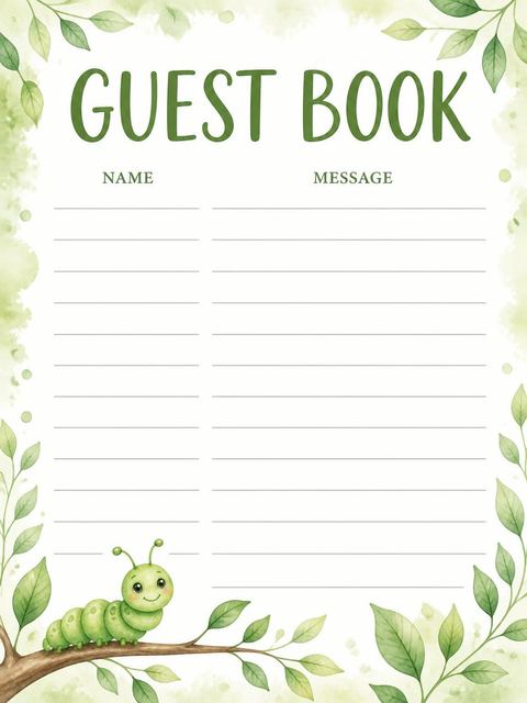 Guest sign-in sheet in the Watercolor Caterpillar Leaf 3rd Birthday design