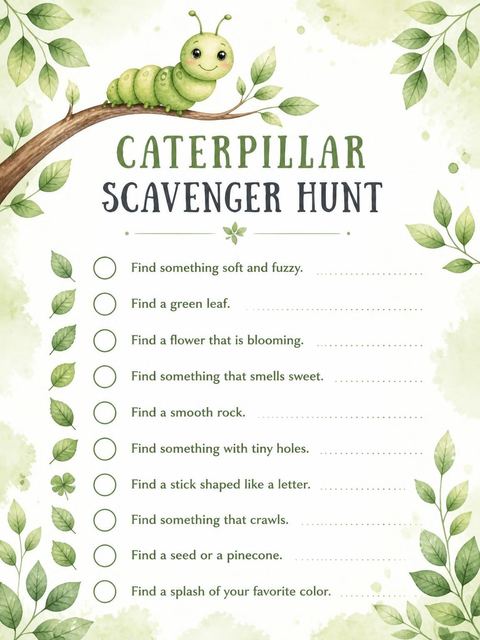 Scavenger hunt in the Watercolor Caterpillar Leaf 3rd Birthday design