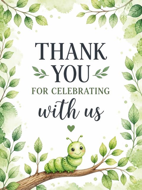 Thank-you flat in the Watercolor Caterpillar Leaf 3rd Birthday design