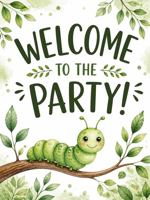 Welcome sign in the Watercolor Caterpillar Leaf 3rd Birthday design