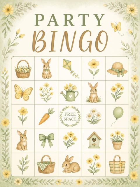 Bingo grid in the Watercolor Bunny Garden 3rd Birthday design