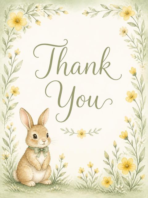 Thank-you flat in the Watercolor Bunny Garden 3rd Birthday design