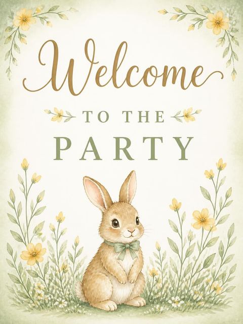 Welcome sign in the Watercolor Bunny Garden 3rd Birthday design