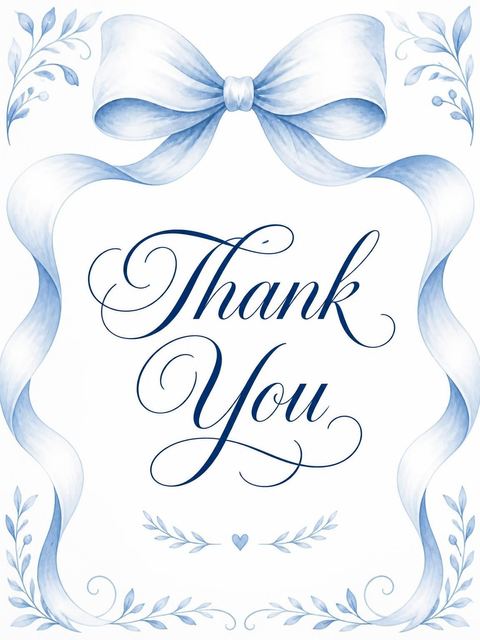 Thank-you flat in the Blue Watercolor Ribbon Bridal Shower design