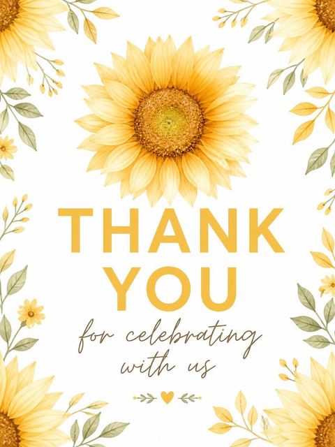 Thank-you flat in the Watercolor Sunflower First Birthday Invitation design