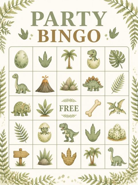 Bingo grid in the Watercolor T-Rex 3rd Birthday Invitation design