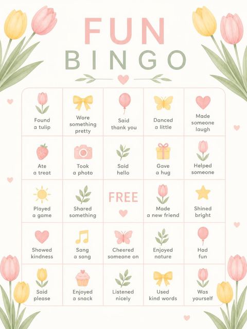 Bingo grid in the Pink and Yellow Tulip 2nd Birthday design