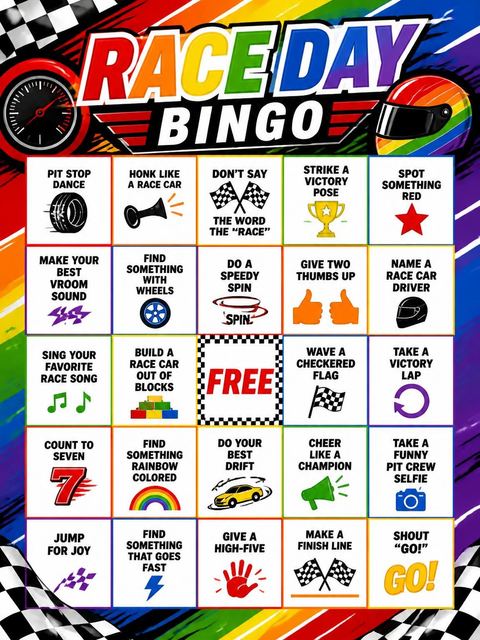 Bingo grid in the Rainbow Race Car 7th Birthday design