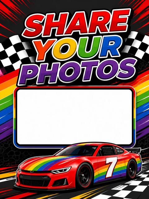 Hashtag card in the Rainbow Race Car 7th Birthday design