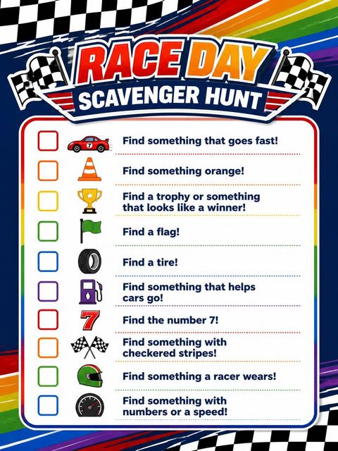 Scavenger hunt in the Rainbow Race Car 7th Birthday design