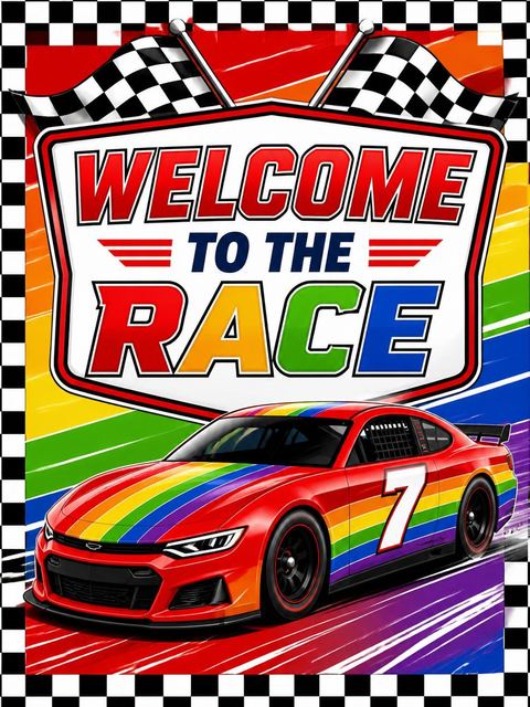 Welcome sign in the Rainbow Race Car 7th Birthday design