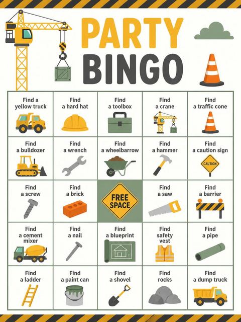 Bingo grid in the Yellow Crane Construction Site 3rd Birthday design