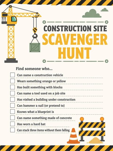 Scavenger hunt in the Yellow Crane Construction Site 3rd Birthday design