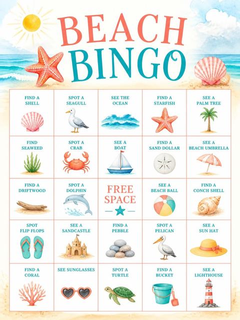 Bingo grid in the Watercolor Starfish Beach Second Birthday design