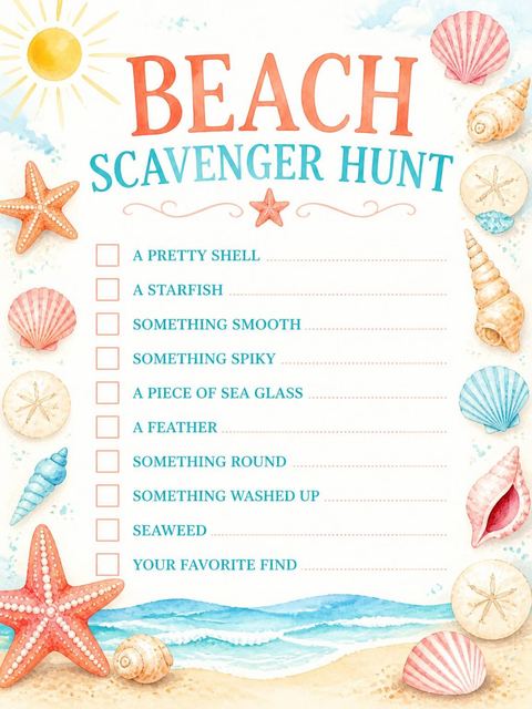 Scavenger hunt in the Watercolor Starfish Beach Second Birthday design