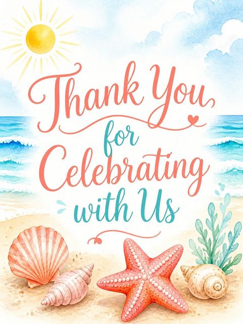 Thank-you flat in the Watercolor Starfish Beach Second Birthday design