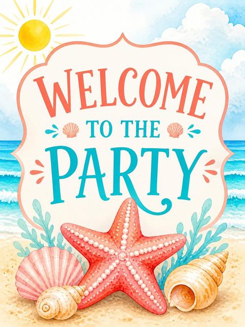 Welcome sign in the Watercolor Starfish Beach Second Birthday design