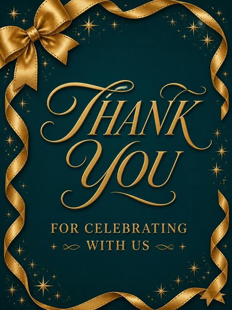 Thank-you flat in the Teal and Gold Ribbon 70th Birthday design