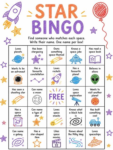 Bingo grid in the Crayon Space Rocket 4th Birthday design