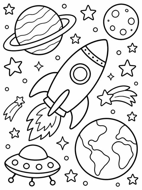 Coloring sheet in the Crayon Space Rocket 4th Birthday design