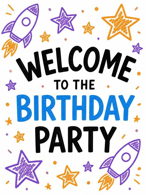 Welcome sign in the Crayon Space Rocket 4th Birthday design