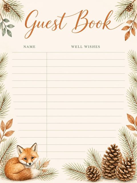 Guest sign-in sheet in the Watercolor Fox Pinecone 1st Birthday design