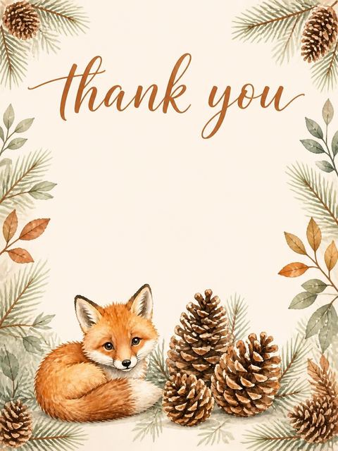 Thank-you flat in the Watercolor Fox Pinecone 1st Birthday design