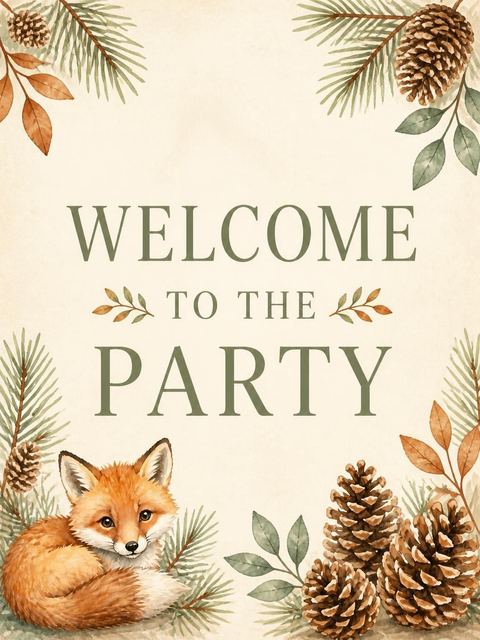 Welcome sign in the Watercolor Fox Pinecone 1st Birthday design