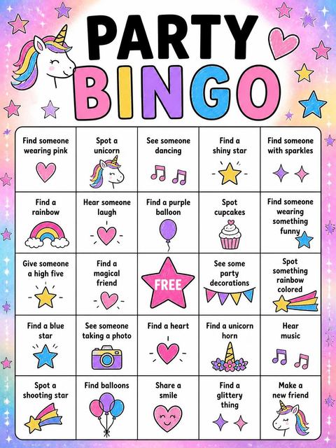 Bingo grid in the Crayon Unicorn Star 1st Birthday design