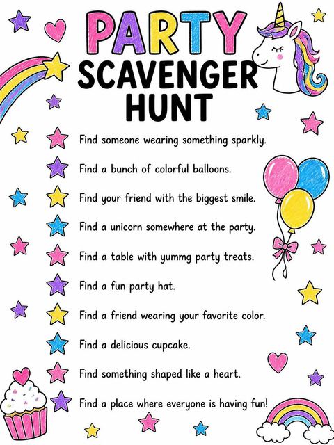 Scavenger hunt in the Crayon Unicorn Star 1st Birthday design