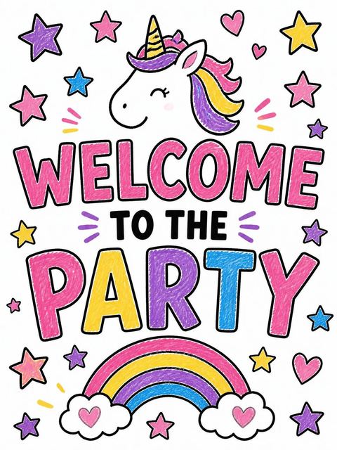 Welcome sign in the Crayon Unicorn Star 1st Birthday design