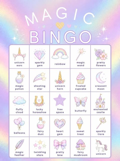 Bingo grid in the Holographic Unicorn 5th Birthday Invitation design