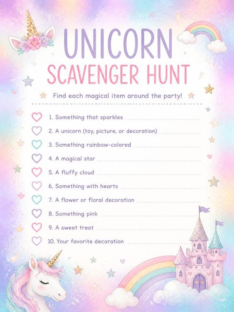 Scavenger hunt in the Holographic Unicorn 5th Birthday Invitation design