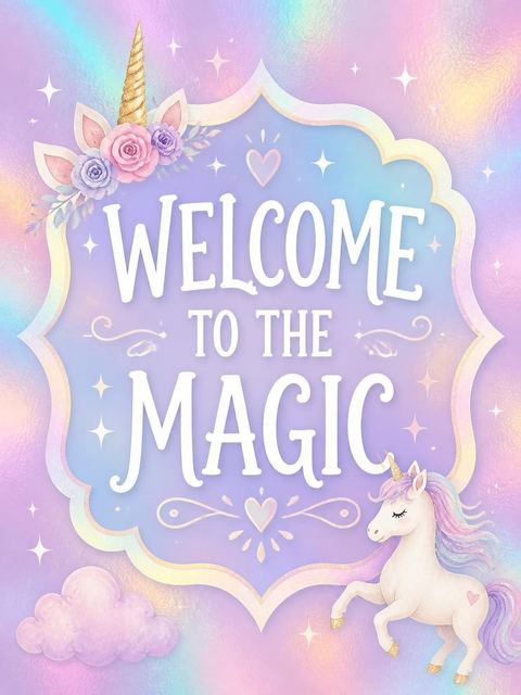 Welcome sign in the Holographic Unicorn 5th Birthday Invitation design