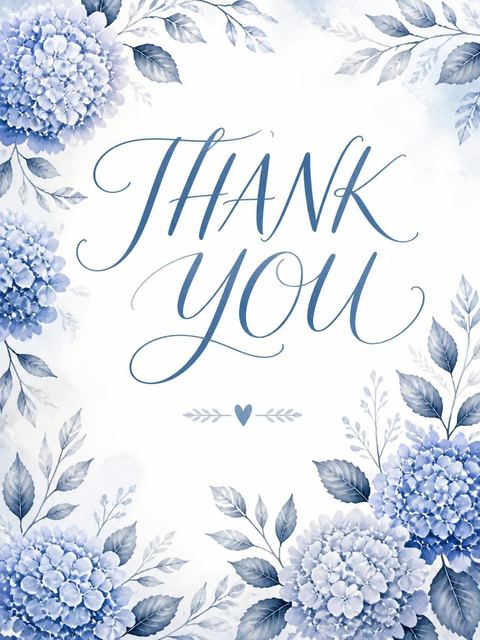 Thank-you flat in the Watercolor Blue Hydrangea Bridal Shower design