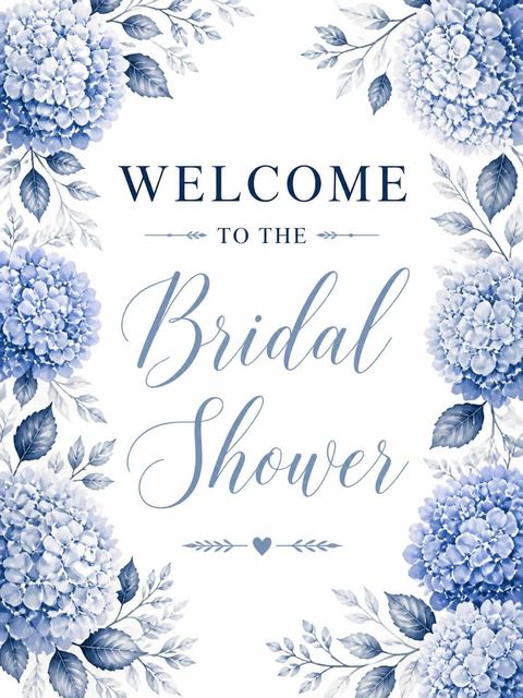 Welcome sign in the Watercolor Blue Hydrangea Bridal Shower design
