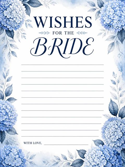 Wishes page in the Watercolor Blue Hydrangea Bridal Shower design