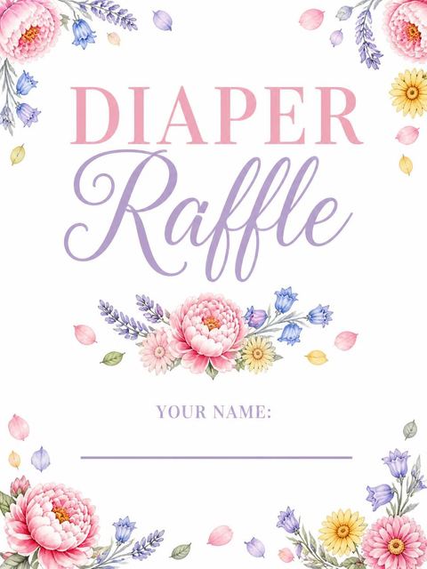Diaper raffle ticket in the Watercolor Floral Lettering Baby Shower design