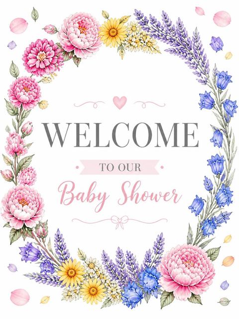 Welcome sign in the Watercolor Floral Lettering Baby Shower design